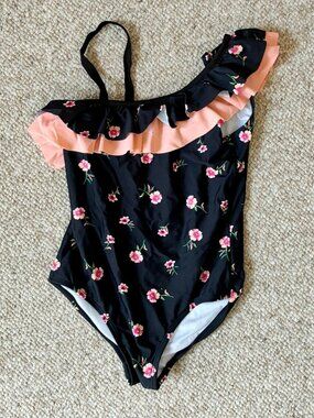 Kami One Shoulder Girls Swimsuit Black Salmon Pink Flower Floral Size 12